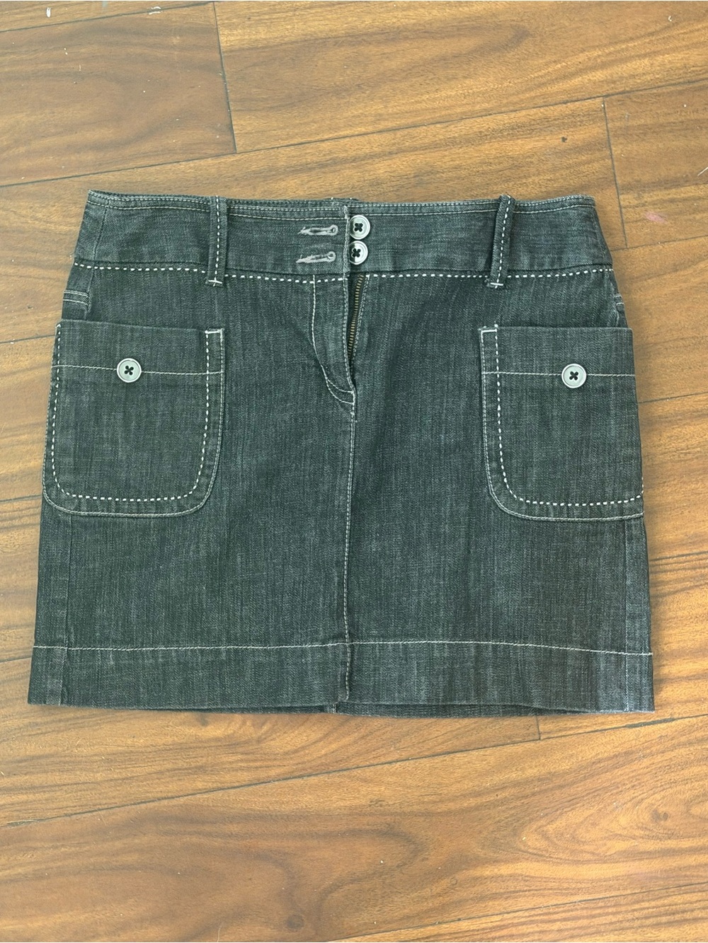LOFT Black Denim Mini Skirt with Front Patch Pockets